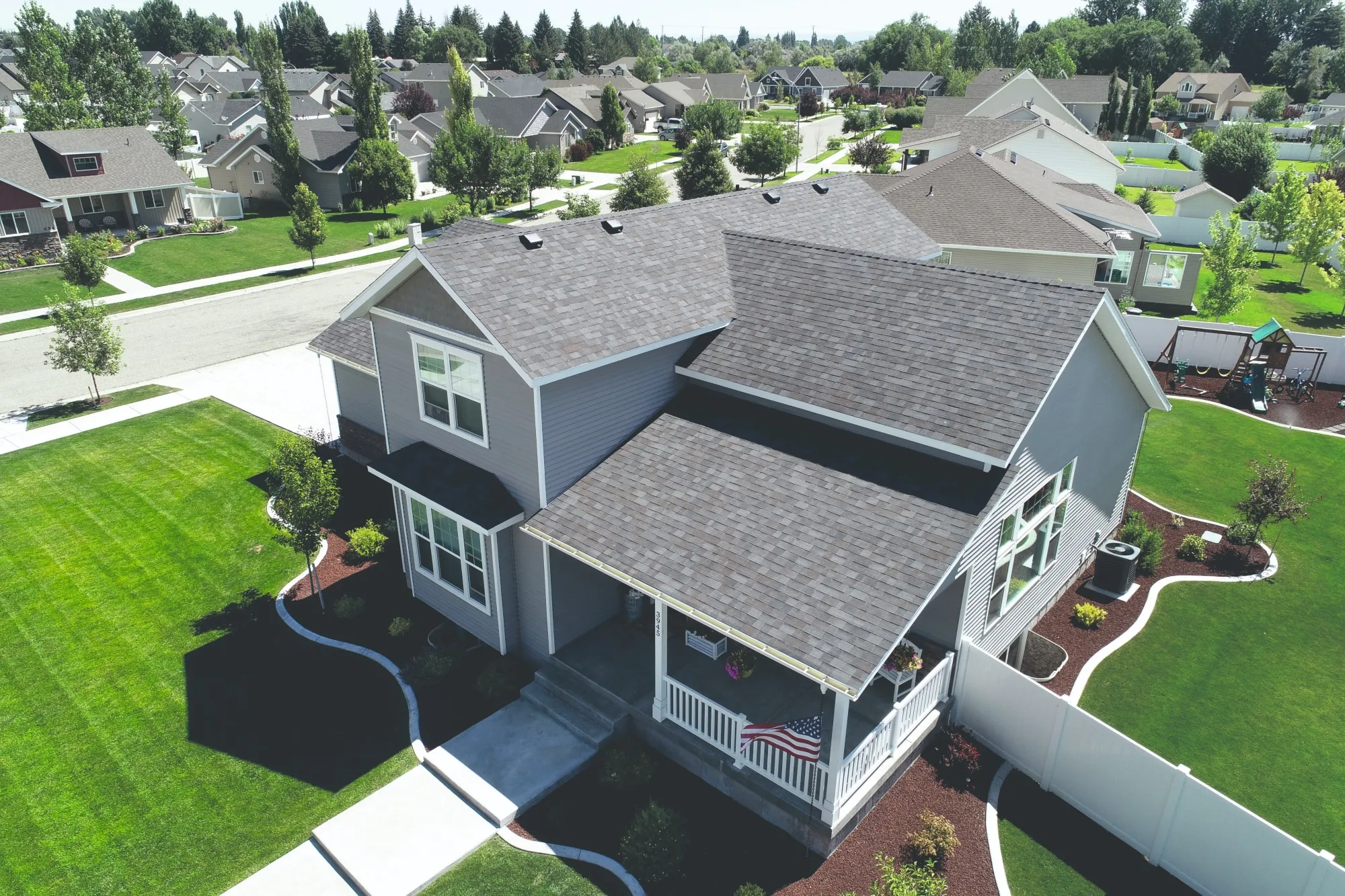 residential roofing aerial view of a house