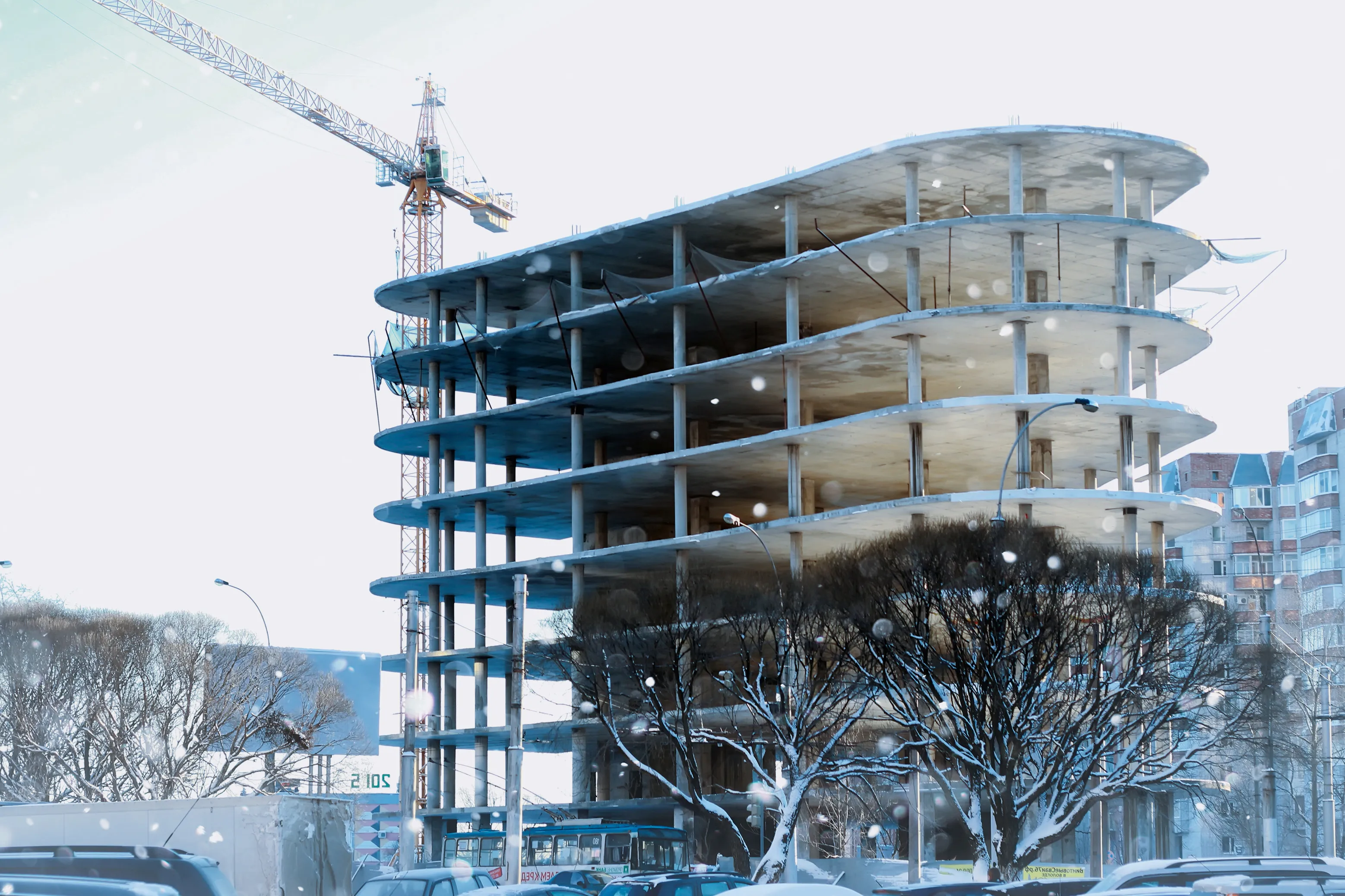 building under construction in snow