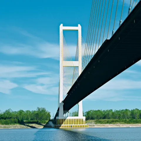 view under a suspension bridge